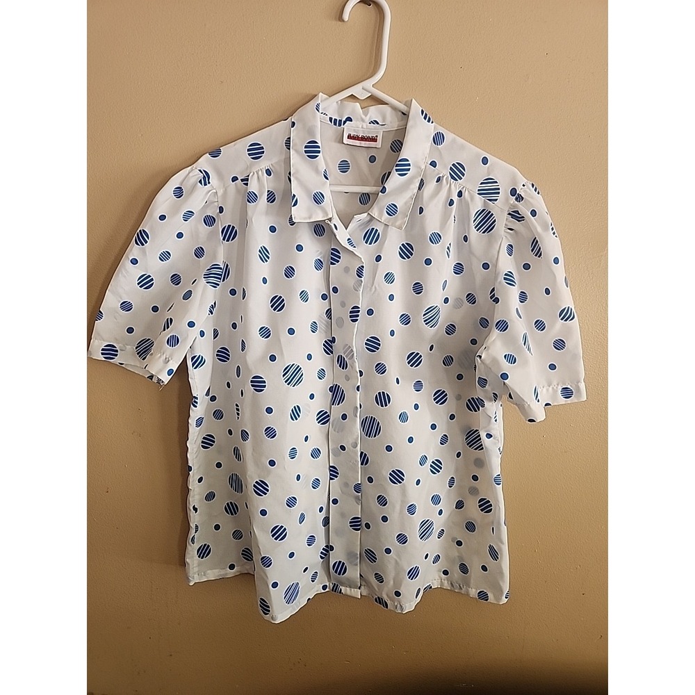 Vtg 70s Judy Bond Sheer Polka Dot Short Sleeve Blouse Dopamine Bright Button-Up